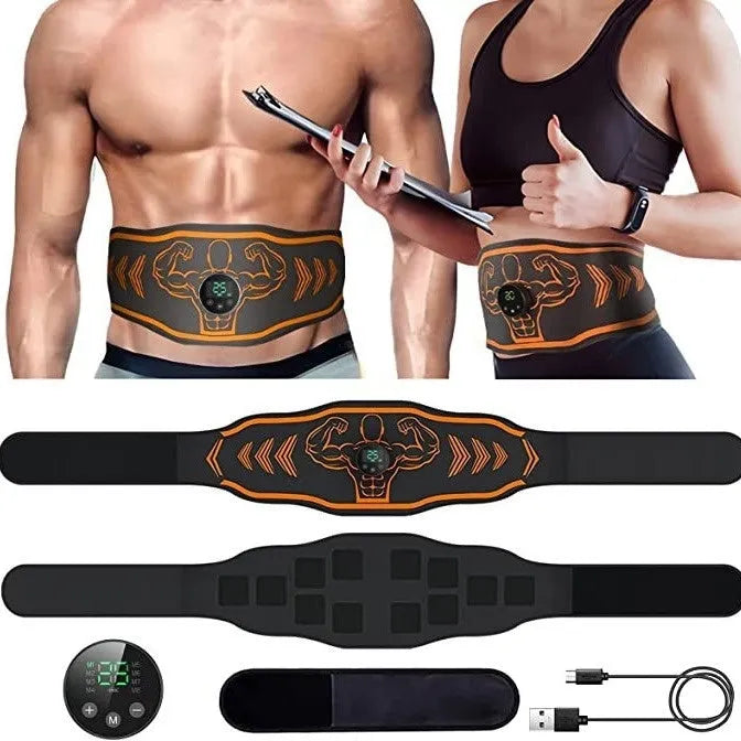 Rechargeable EMS smart massage fitness belt shown in blue and orange colour options.