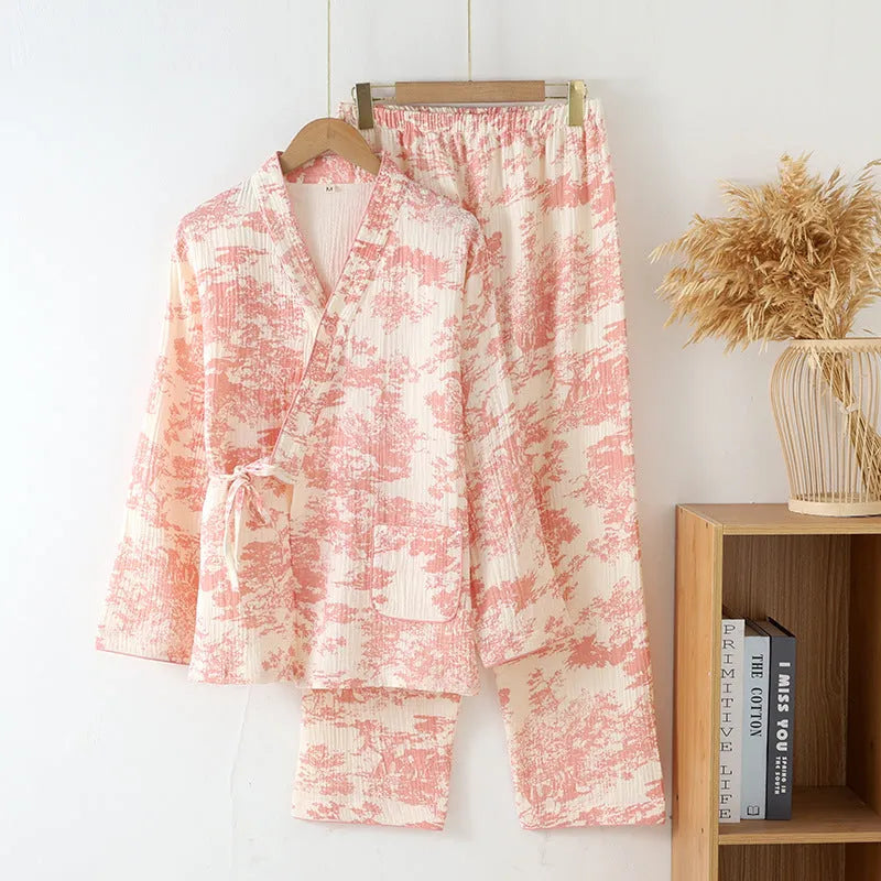 Pure cotton gauze ladies lounge suit with long sleeves and trousers in frosted pine trees colour options