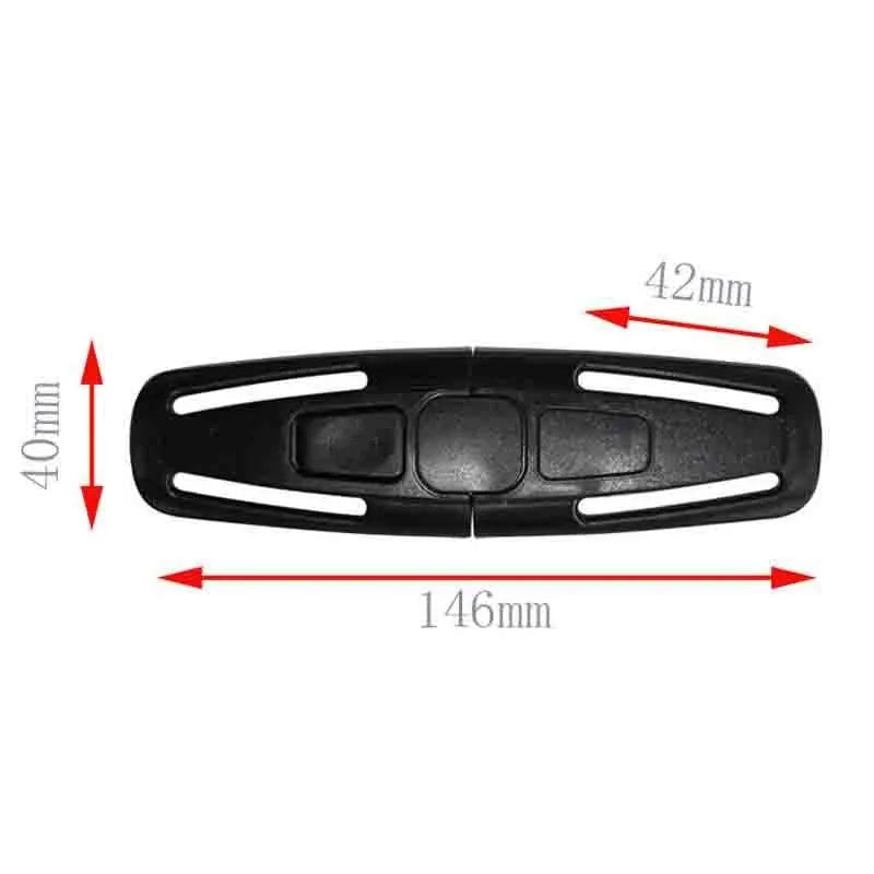 Black nylon seat belt clip for vehicle child safety seats measuring 14.5cm long