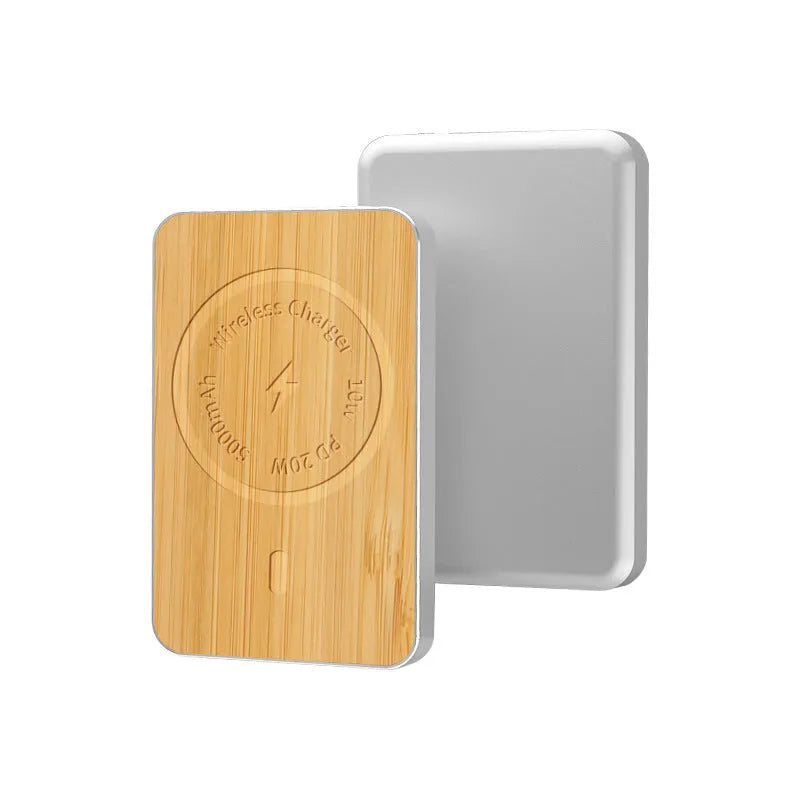 Khaki coloured magnetic wireless charging bank with aluminium alloy shell showing dimensions and USB port