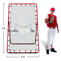 Red portable baseball training net with metal frame set up for catching practice