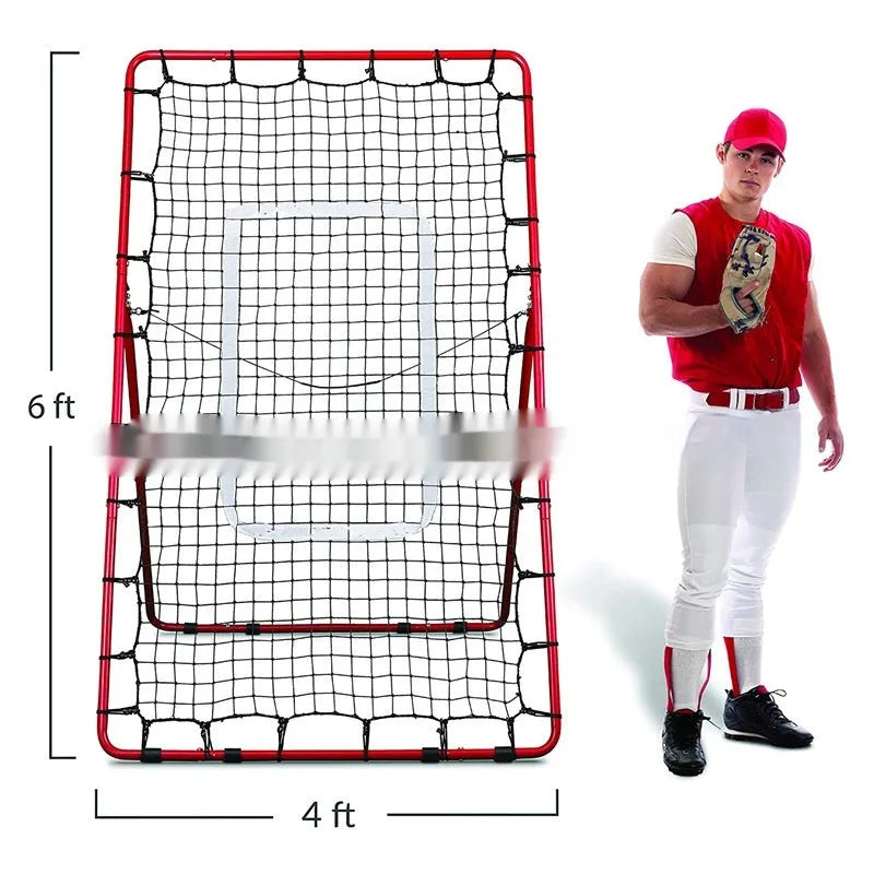 Red portable baseball training net with metal frame set up for catching practice