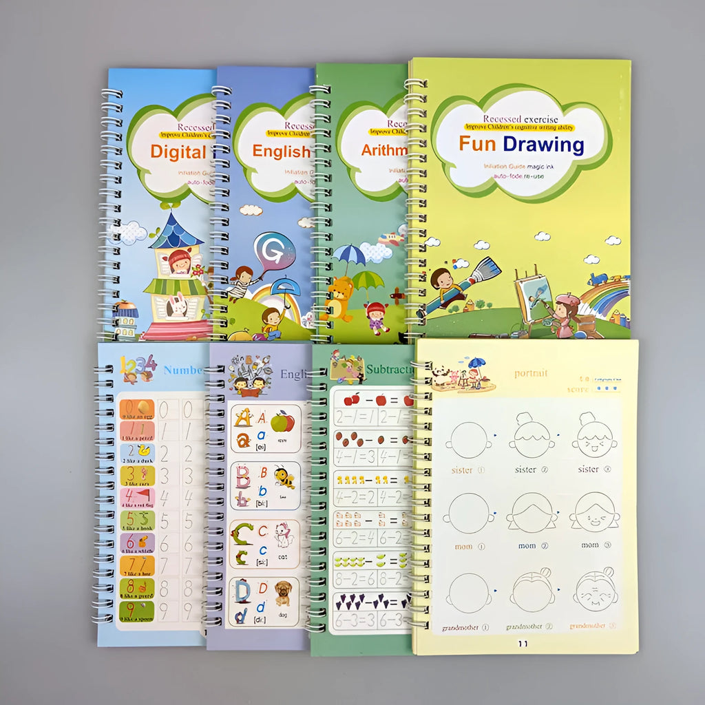 Magic calligraphy copybook set for children showing spellbooks, pens, and refills.