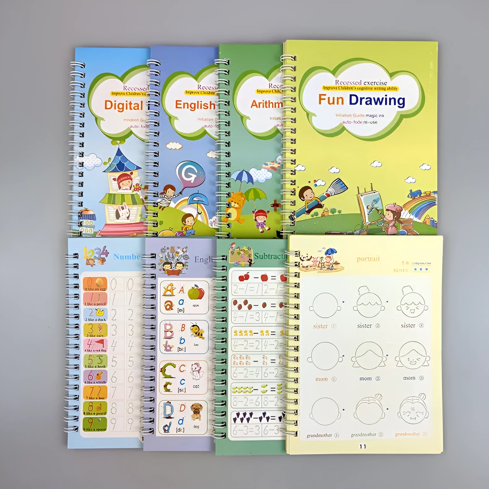 Magic calligraphy copybook set for children showing spellbooks, pens, and refills.