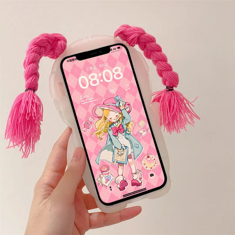 Pink and green silicone iPhone case with cartoon design of a summer swimsuit girl with braids.