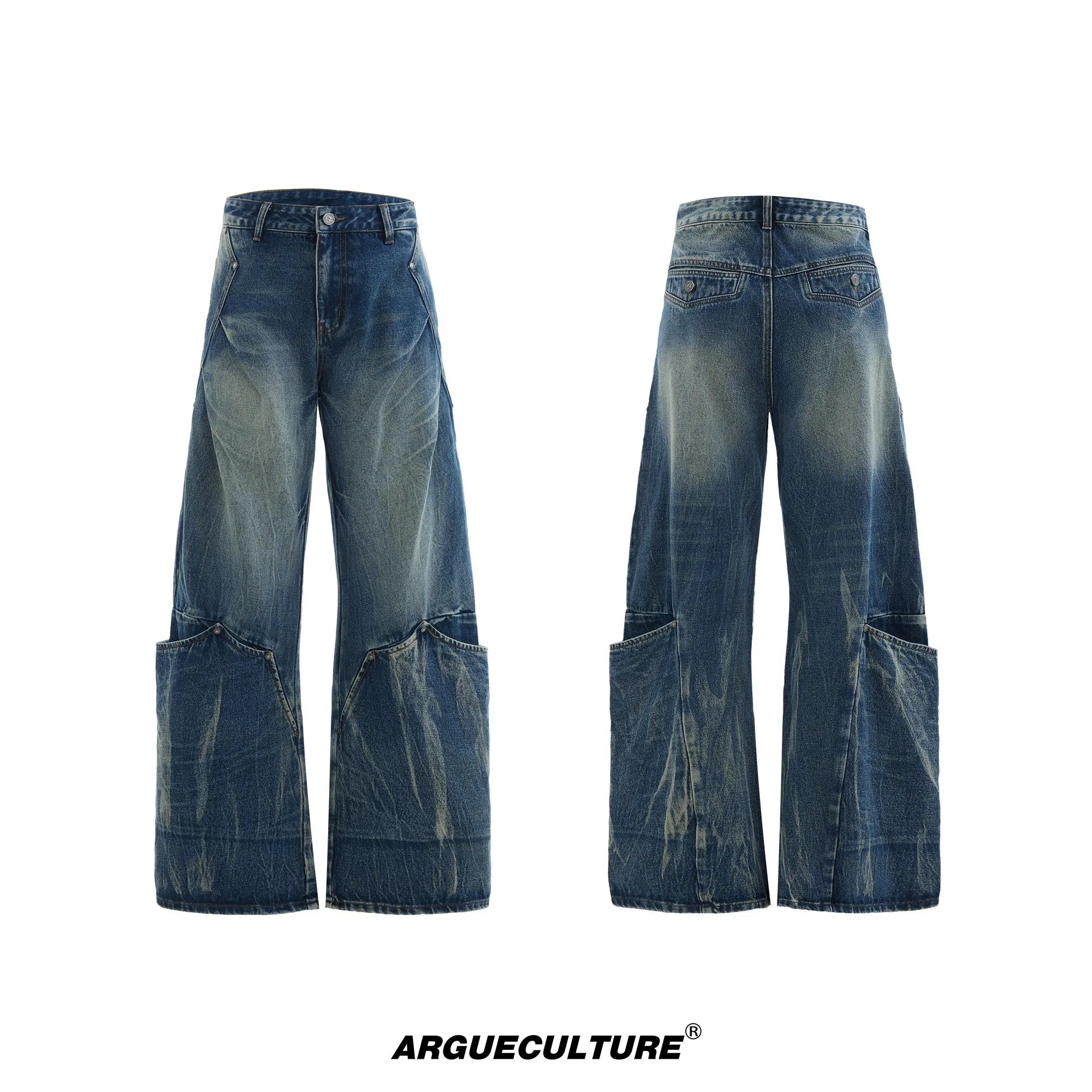 Men's verdant blue loose-fit jeans with a washed burst pattern and curved knife design.