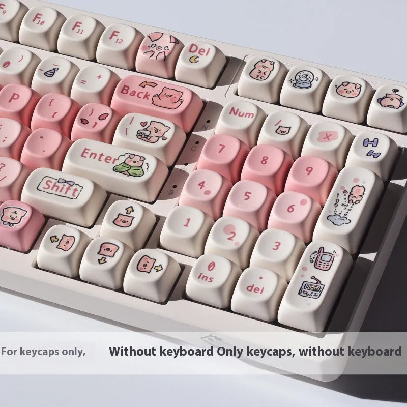 Pink PBT key cap set with a colourful fragrant pig character design on a keyboard.