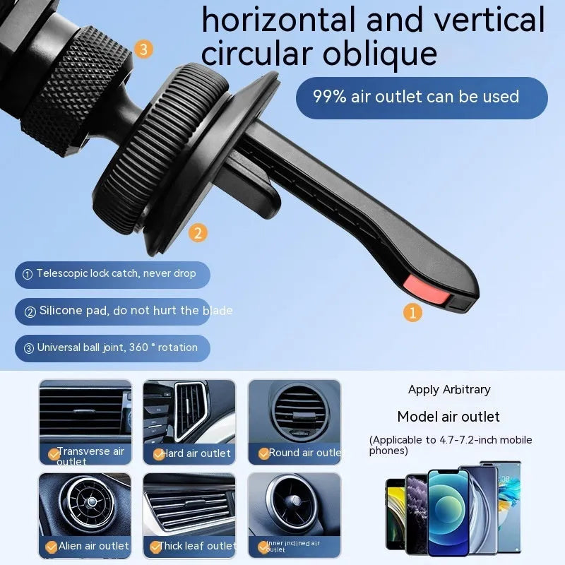 Aluminium alloy car mobile phone holder bracket showing snap-on mounting mechanism for air vent or surface installation