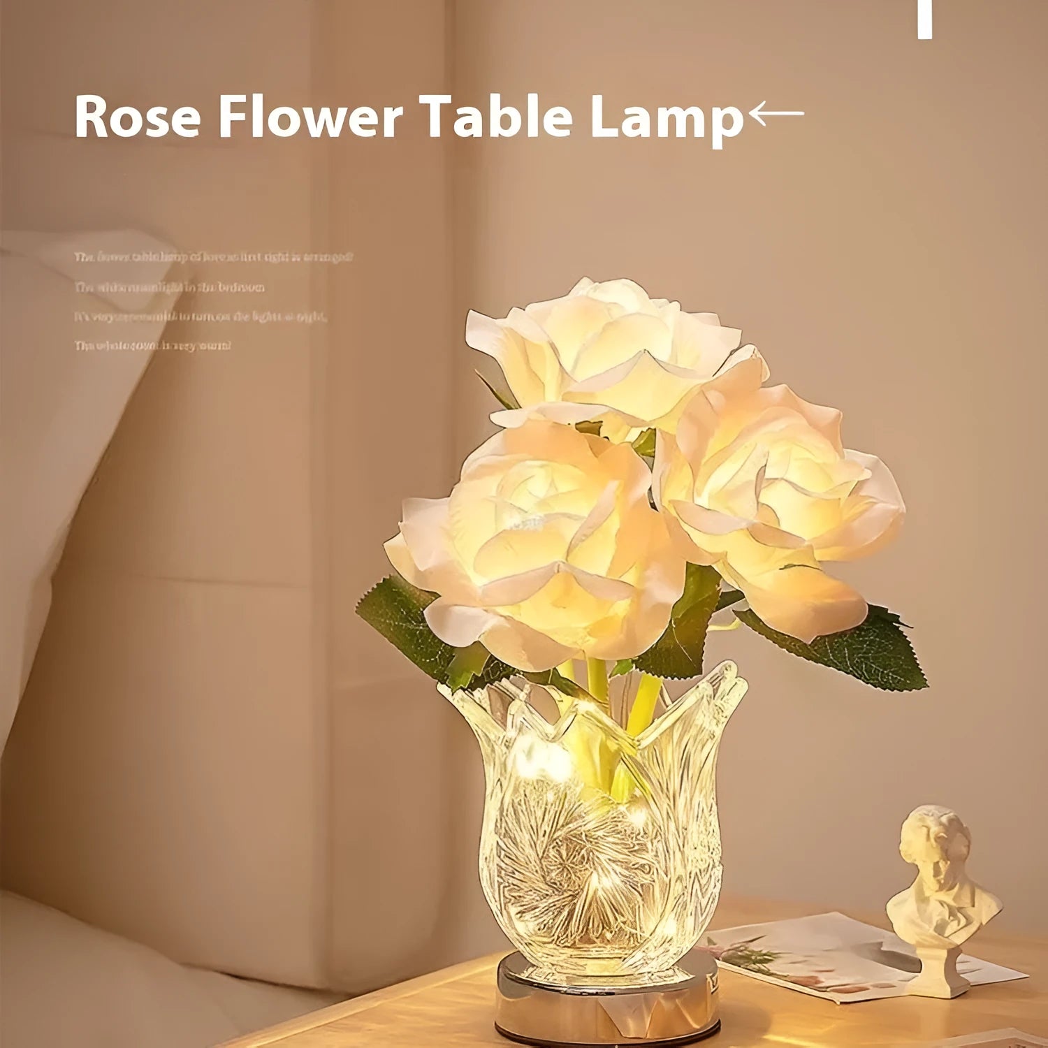 Modern crystal flowers design rechargeable touch table lamp with USB cable on a wooden surface.