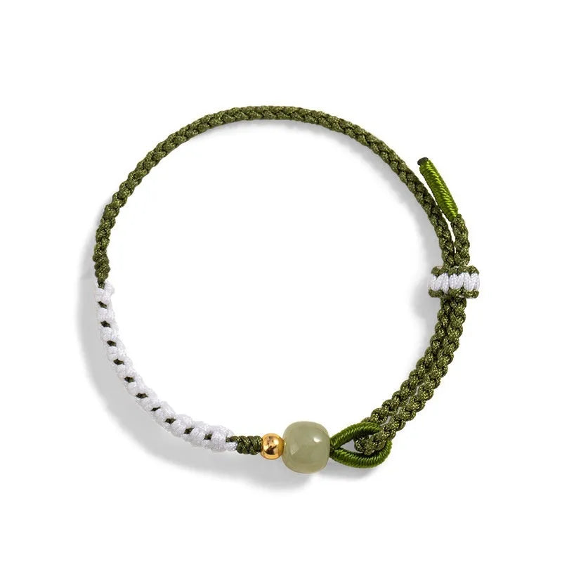 Hetian jade and sterling silver national tide bracelet with adjustable cord strap in spring green