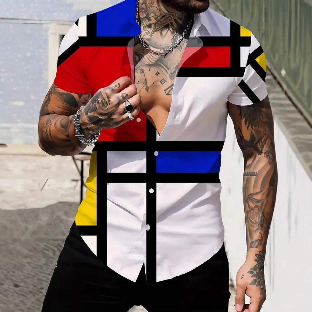 Men's slim fit short sleeve shirt featuring a geometric line print on the lapel.