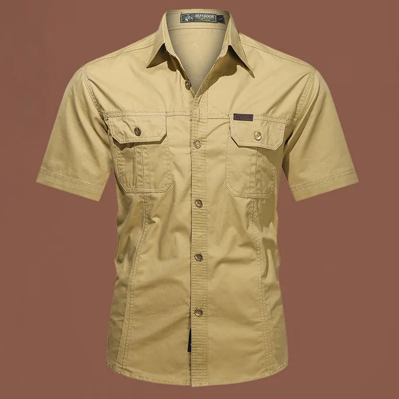 Men's army green cotton short sleeve work shirt with a cardigan style and loose fit.