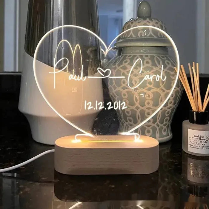Custom acrylic LED night light with engraved names and date for bedroom