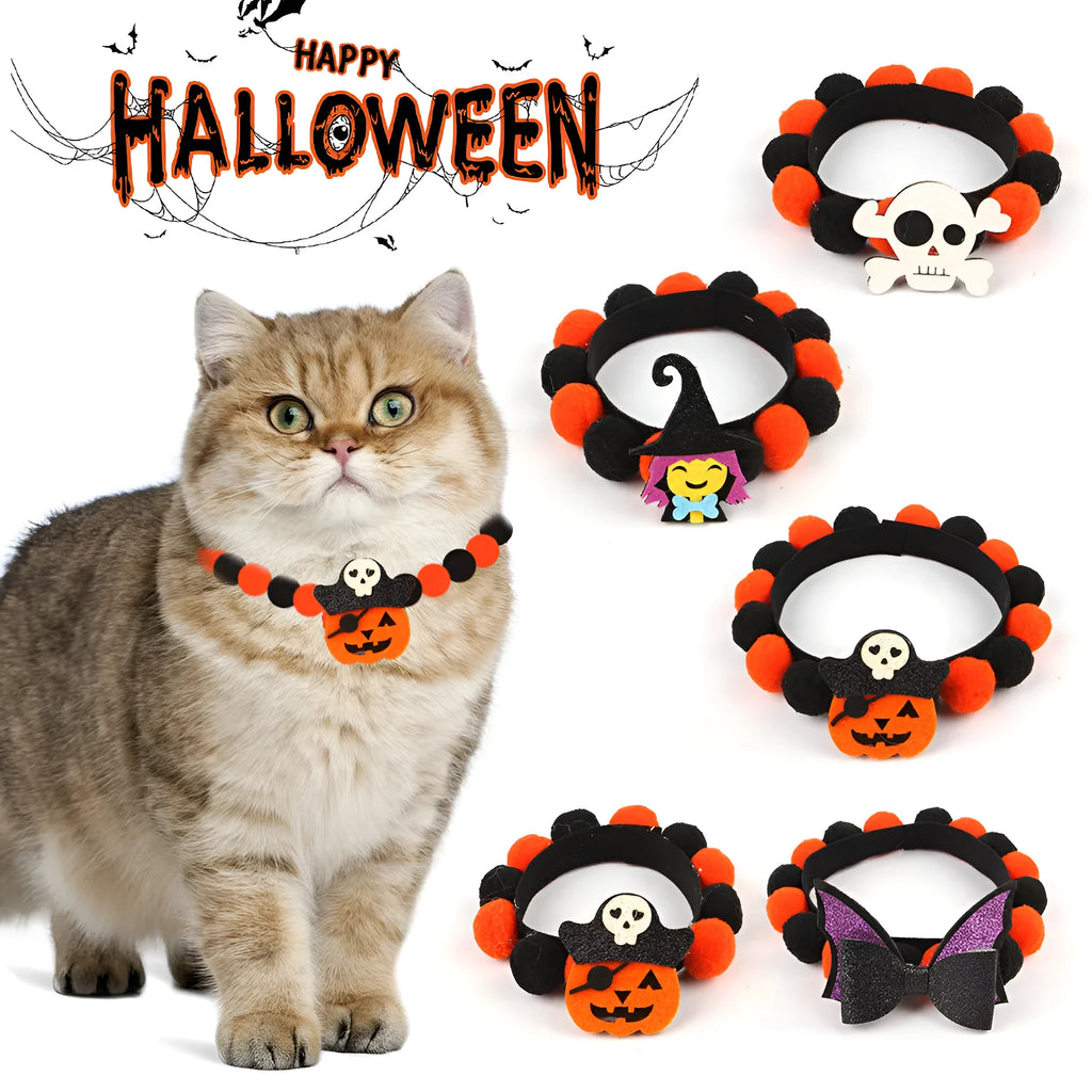 Halloween pet fur ball collar with pumpkin design in adjustable sizes for dogs and cats