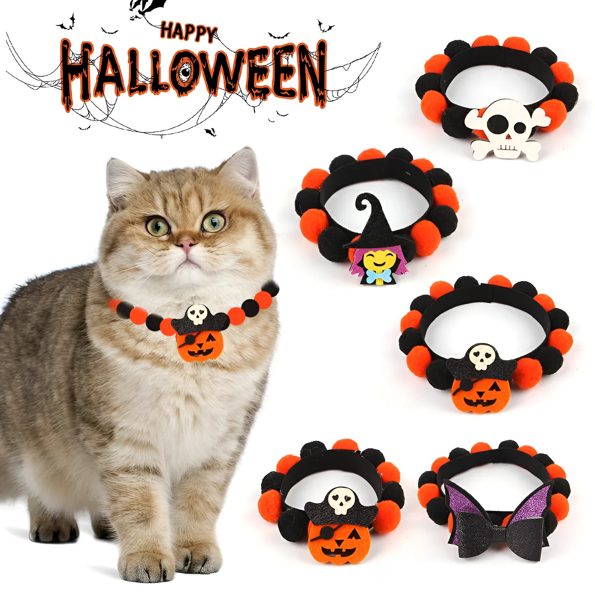 Halloween pet fur ball collar with pumpkin design in adjustable sizes for dogs and cats