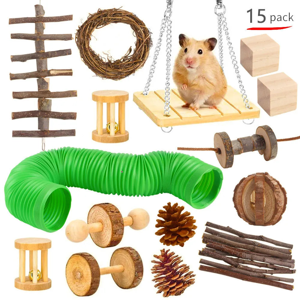 Assortment of wooden chew blocks and natural fibre toys for rabbits, guinea pigs, and parrots