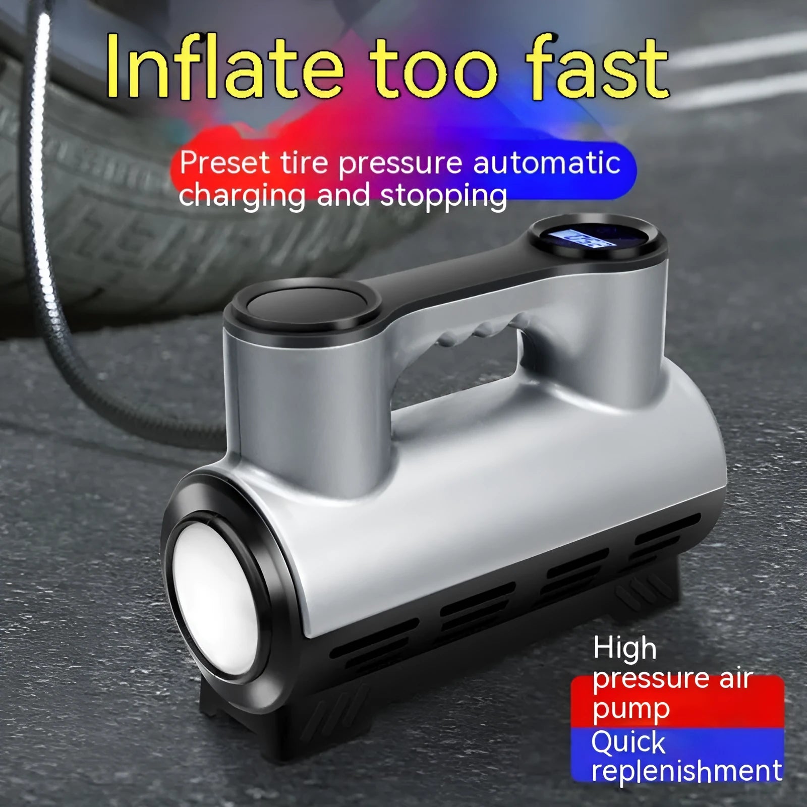 12V portable car tyre inflator pump with digital display on black ABS housing
