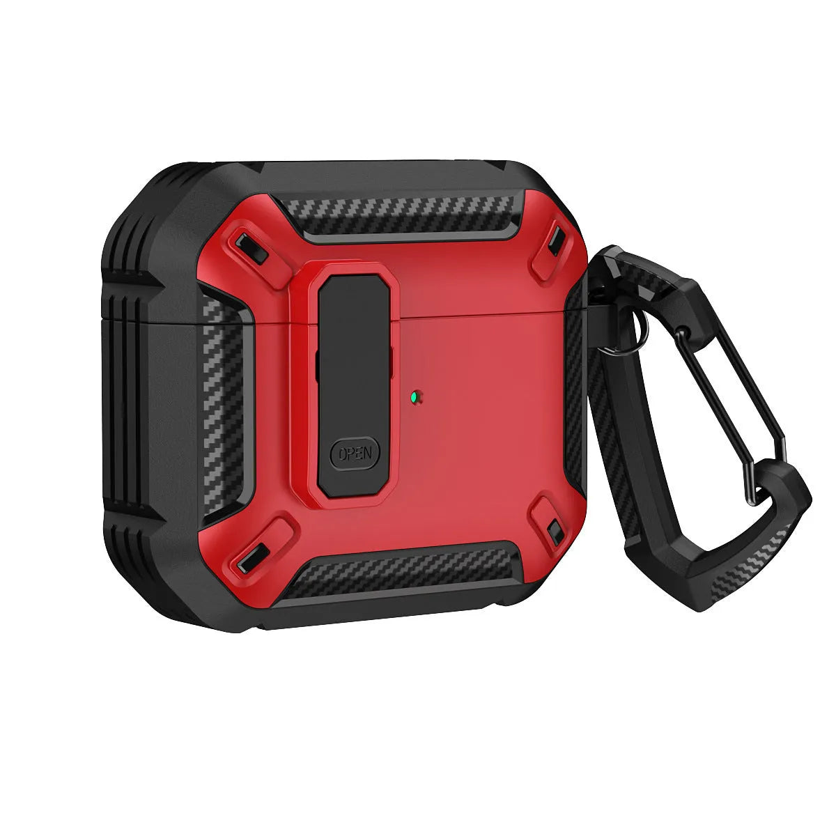 AirPods clamshell protective case in black and yellow, shown with a metal hook accessory.