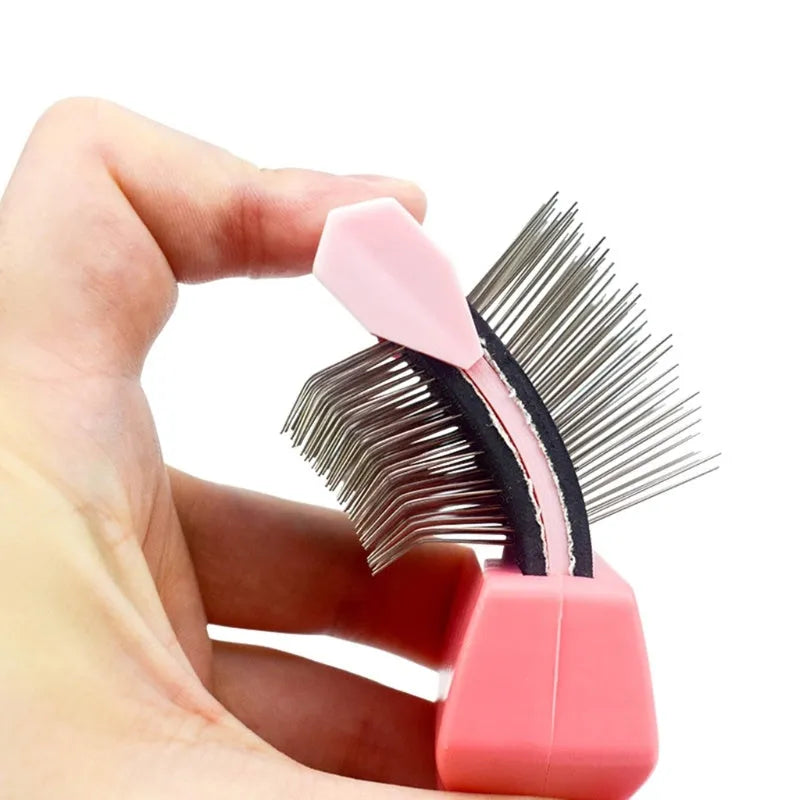 Double-sided pet brush with stainless steel pins and ABS handle in blue or pink colours