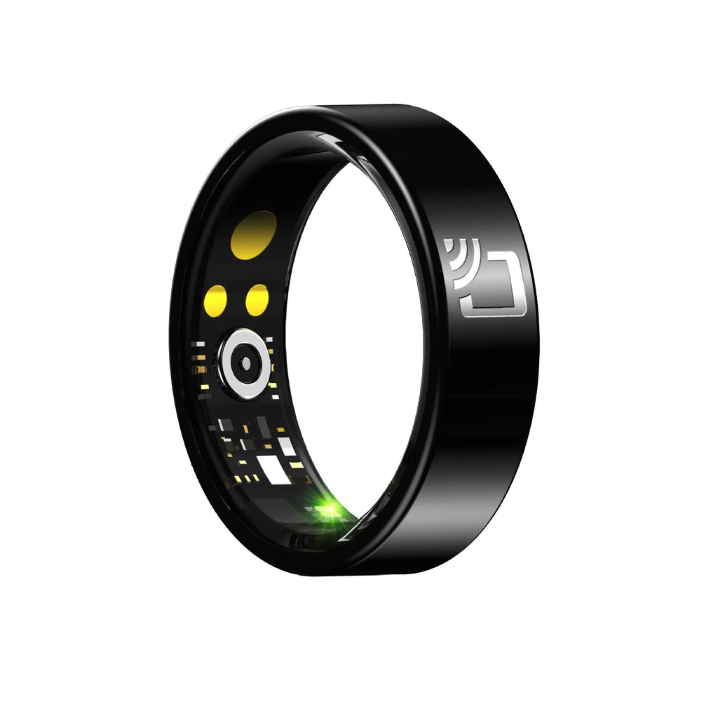 Black ceramic smart ring for health monitoring on a finger, showing charging case and line charger options.