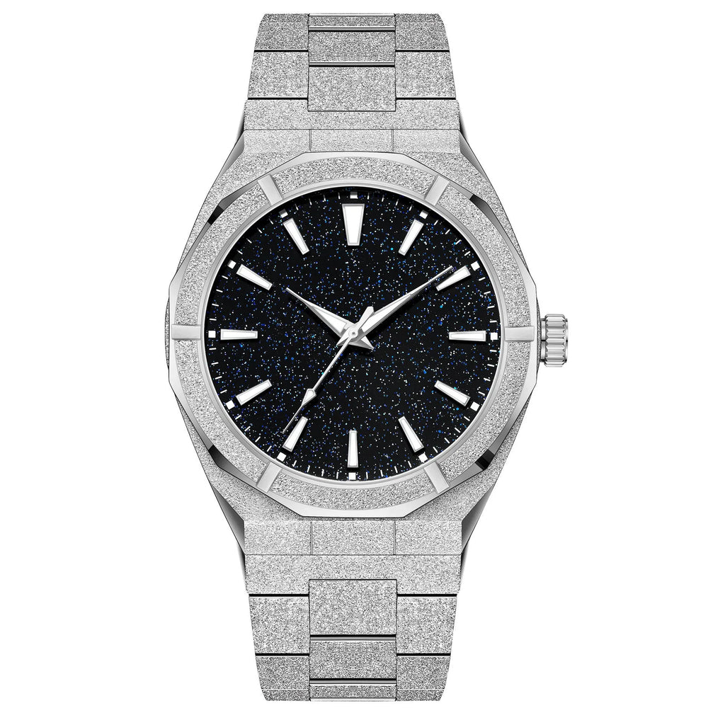 Men's stainless steel business watch with frosted case and luminous markers in black, gold, and silver colour options.