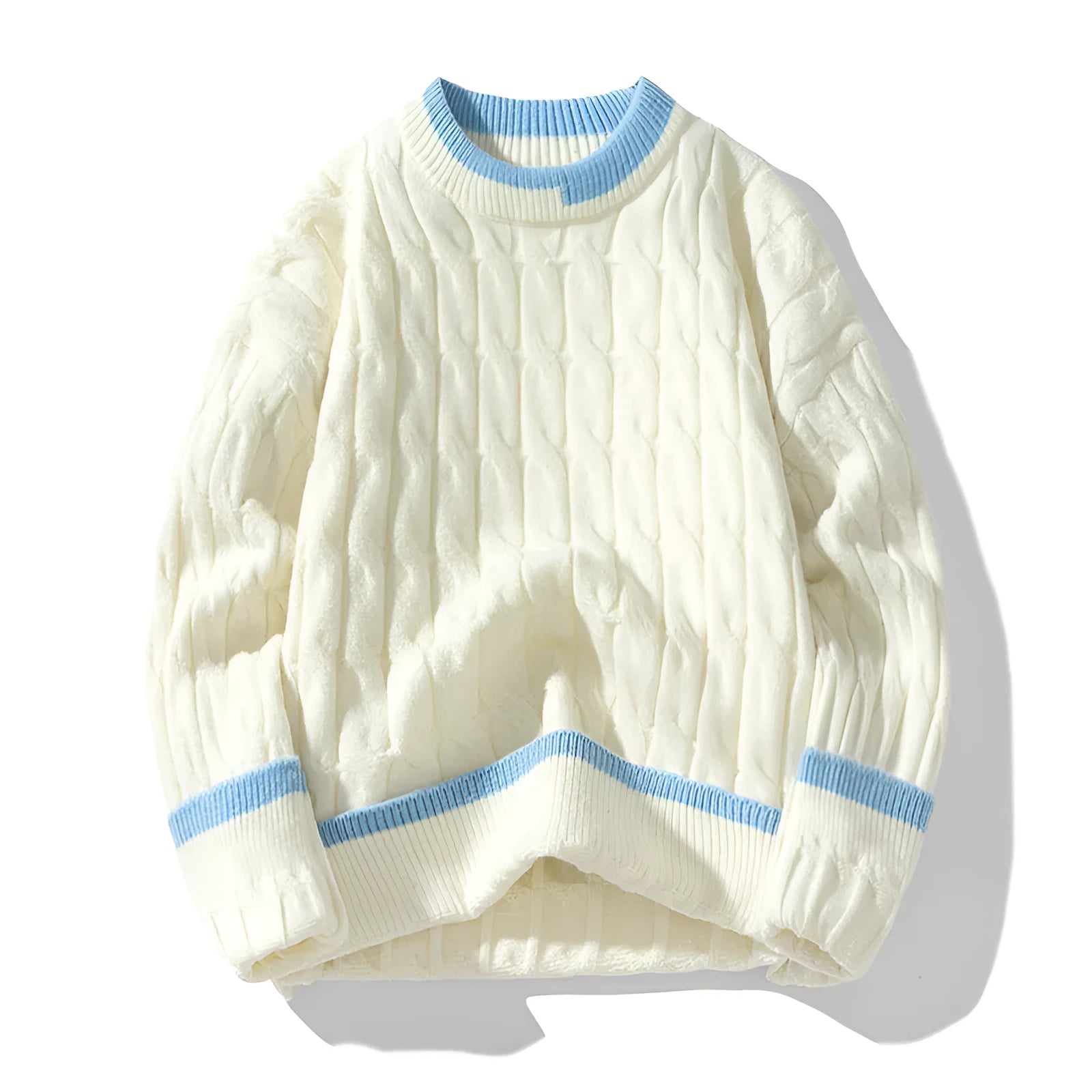 Men's loose fit modal acrylic blend pullover sweater in light blue, shown as a two-piece bottoming set.