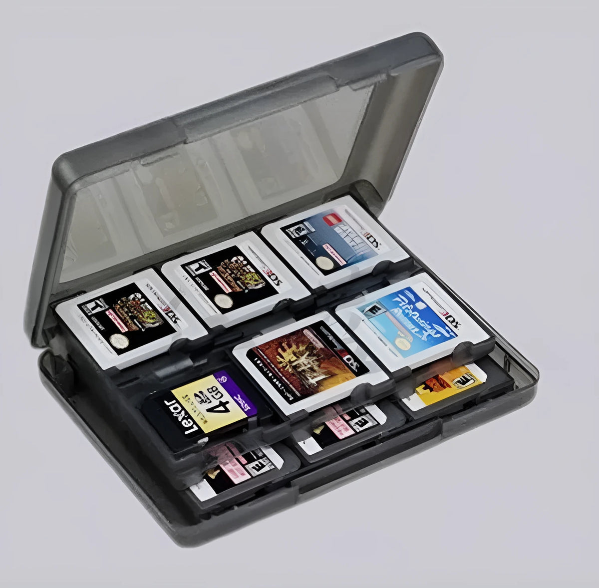 NDS and 3DS game card storage box holding multiple cartridges, shown in blue colour.