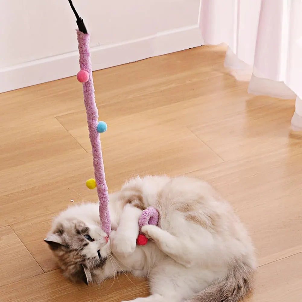 Interactive cat wand toy with colourful plush strip and bell for indoor feline play