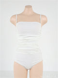Sling style belly pleated one-piece swimsuit in solid colour on a mannequin.