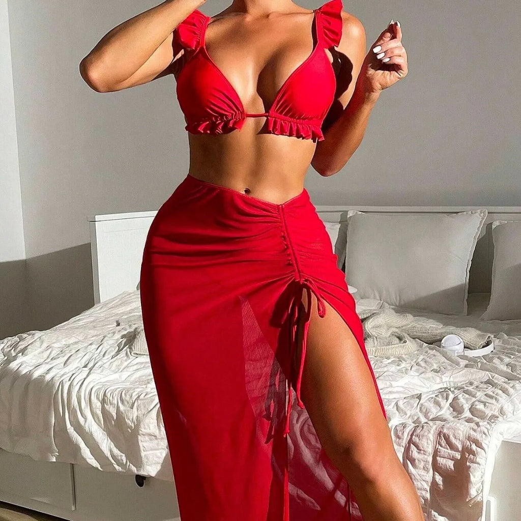 Women's printed three-piece swimsuit set showing top, pants, and skirt in multiple colour options.