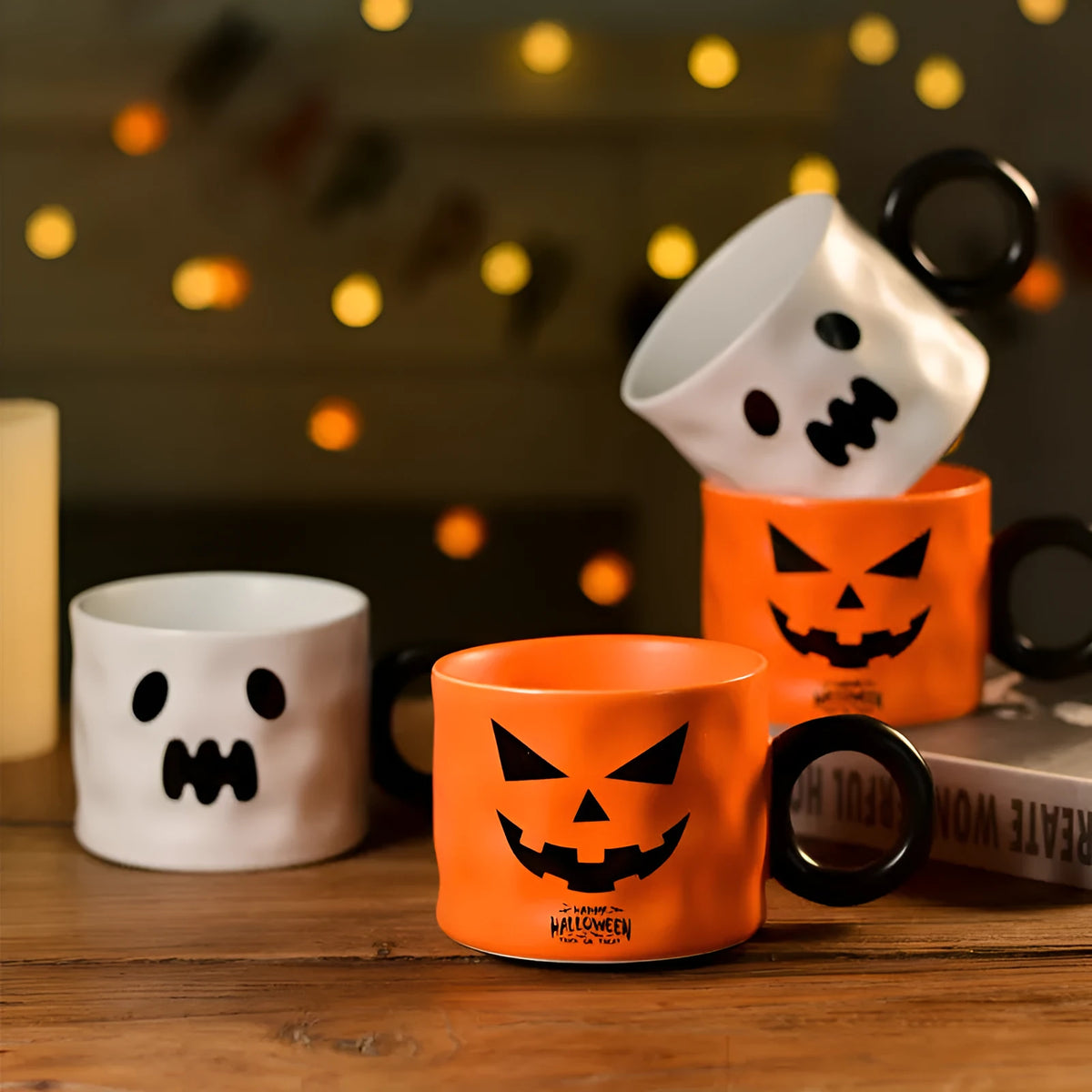 15cm pumpkin ceramic mug with handle in orange or white, with spoon and gift box