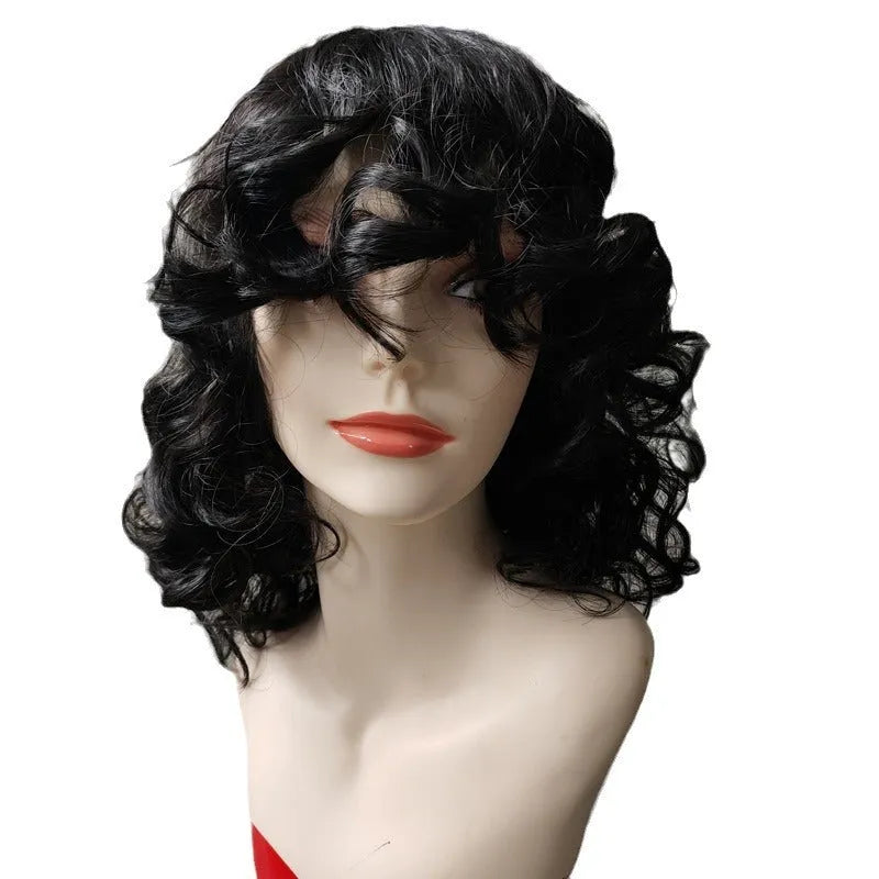 Black synthetic Afro wig with long curly hair on a display head