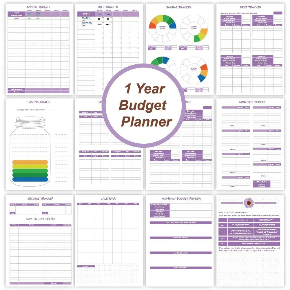 Purple coil-bound budget planning notebook with pen, stickers, and paper clips for financial organisation