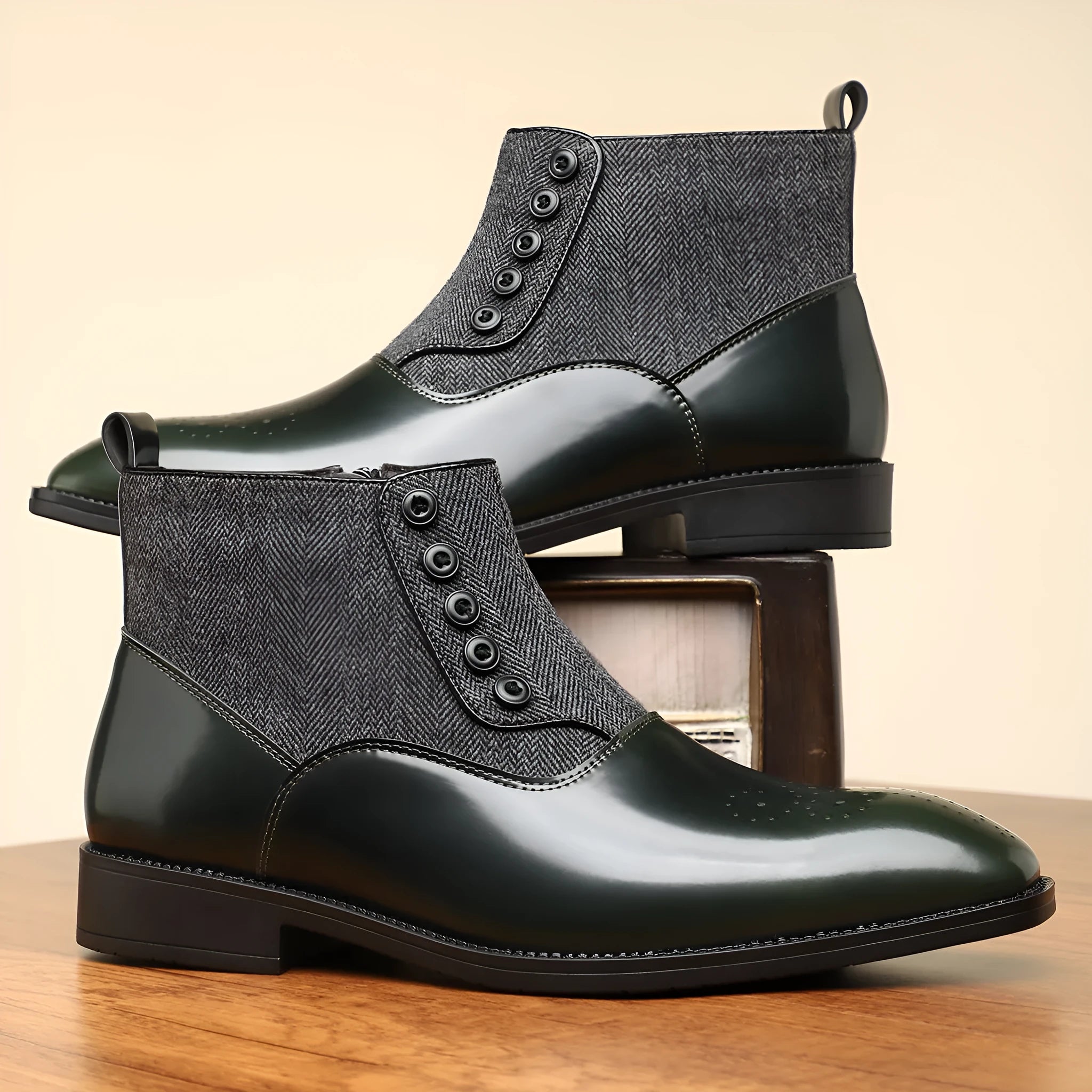 Men's brown retro formal shoes with side zip, square toe, and square low heel on a rubber sole.