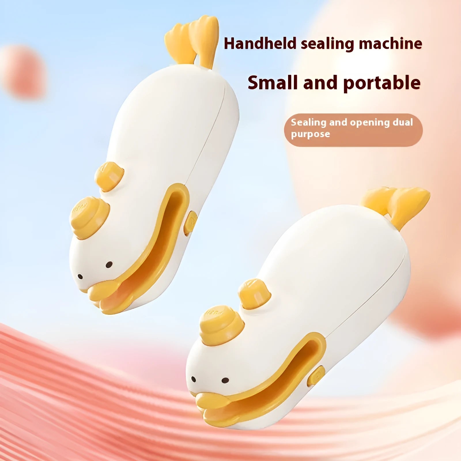 Small yellow duck-shaped rechargeable handheld sealing machine with USB charging cable.
