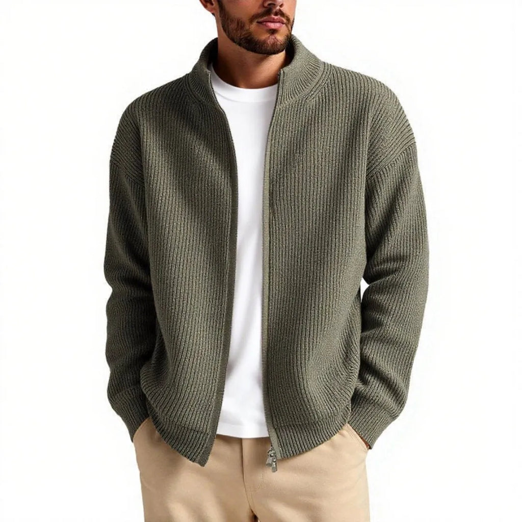 Men's loose grey cardigan sweater coat on a hanger