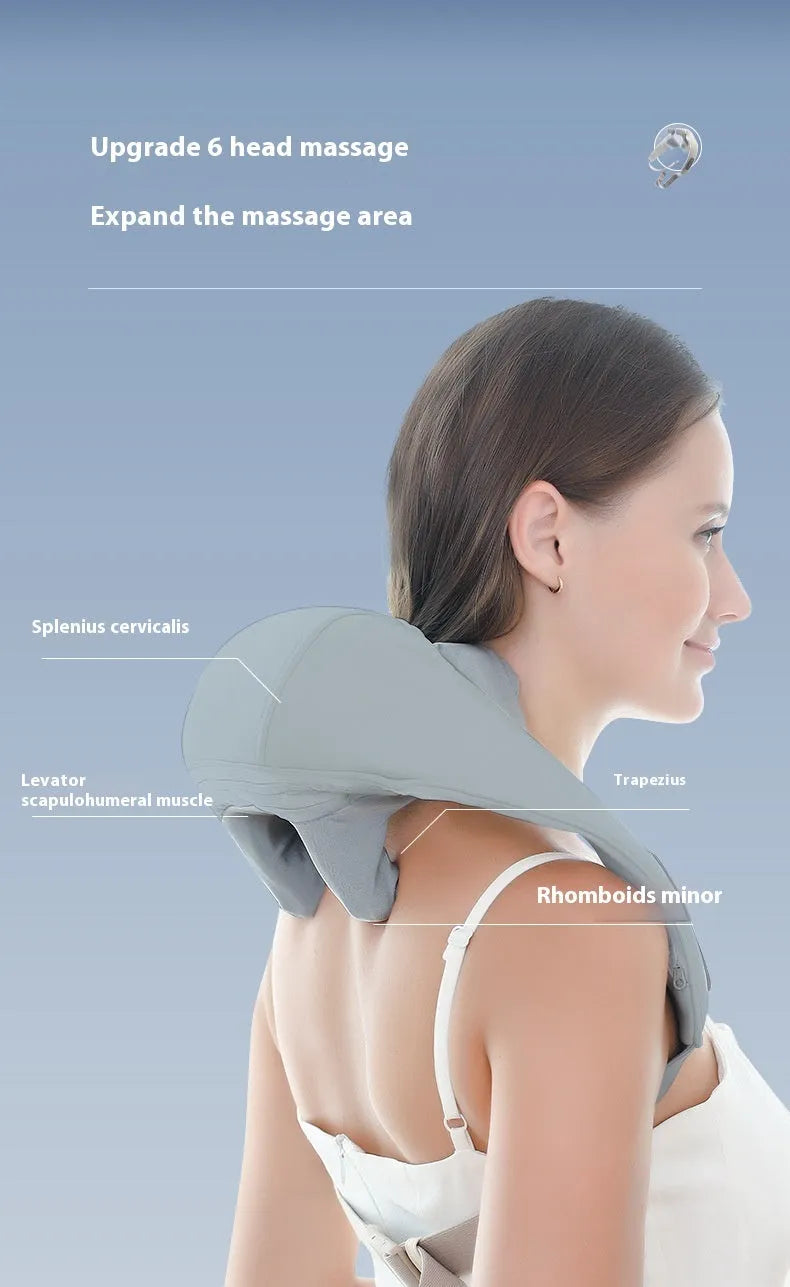 Gray portable USB rechargeable neck and back massager with elastic fabric construction.