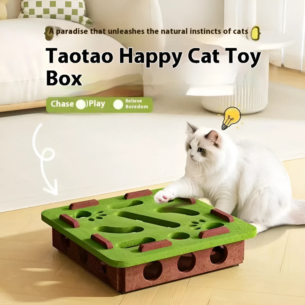 Green brown felt cat toy box with artifact hole, dimensions 30cm by 30cm.