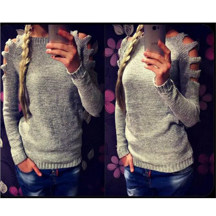Women's solid colour crochet hollow-out knitted shirt with round neck and long sleeves