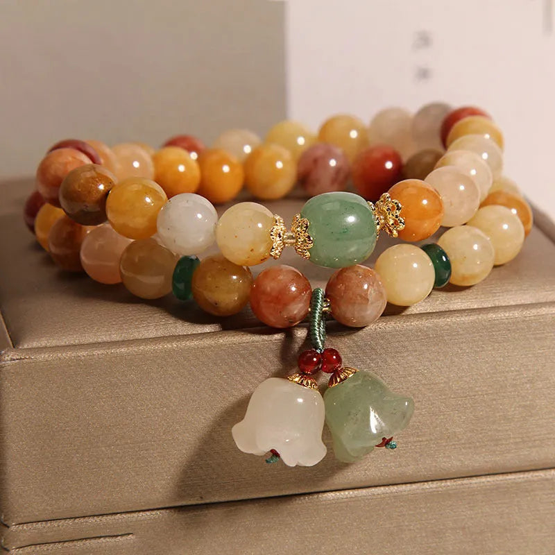 Natural jade multi-layer bracelet for women with orchid pendant and adjustable fastening