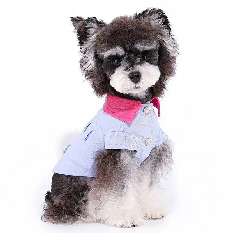 Blue and purple polyester dog vest with traction rope ring for summer walking, shown with size guide for dogs 1.25kg to 11.5kg