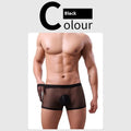 Men's mesh boxer briefs in black, white, green, blue, skin colour, or pink with low waist design