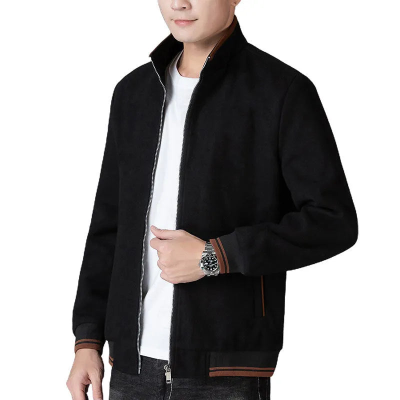 A grey men's sports-style fleece jacket with long sleeves, shown on a hanger.