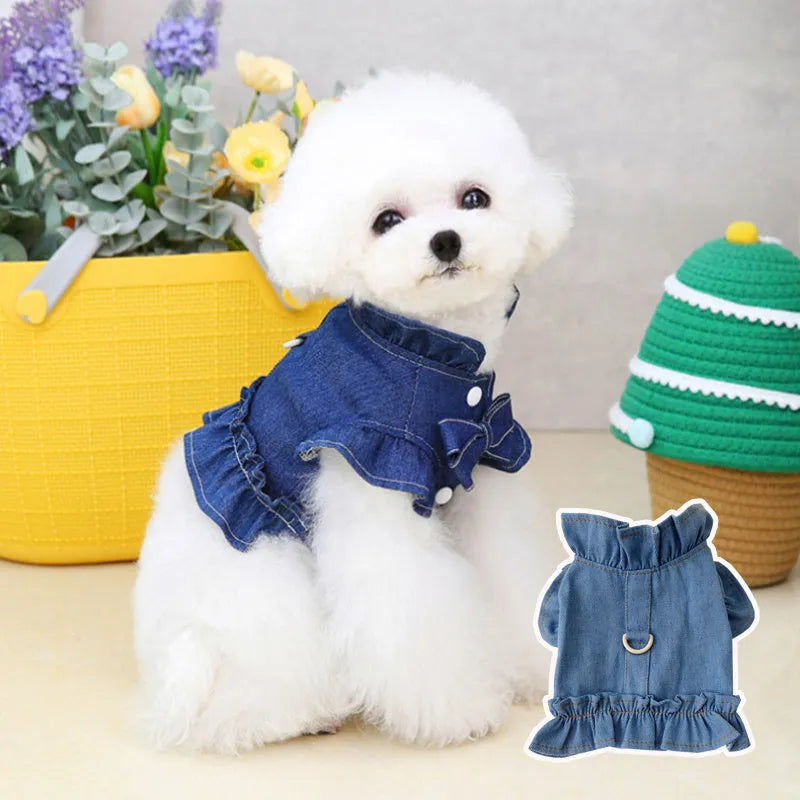 Dark blue denim dog dress with ruffles vest design and leash hook attachment for small canine