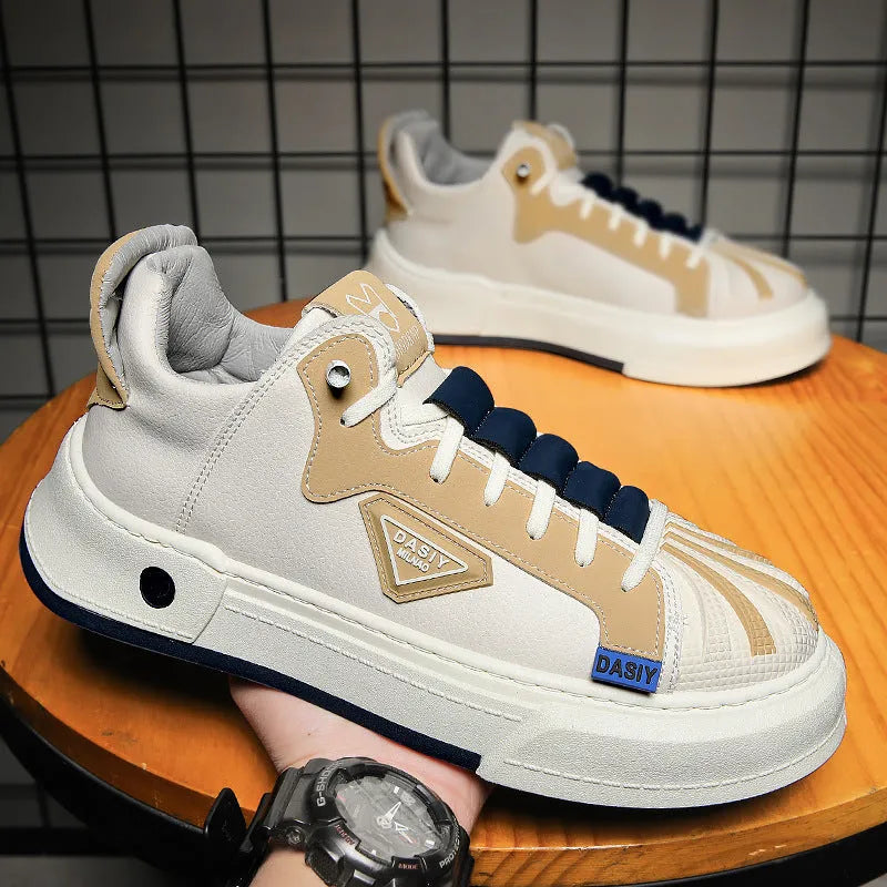 Men's beige and black elastic band casual sneakers with microfiber upper and mesh lining for hiking and leisure activities