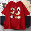 Men's black cotton T-shirt with a cute cartoon cat sushi print, short sleeves, loose fit.