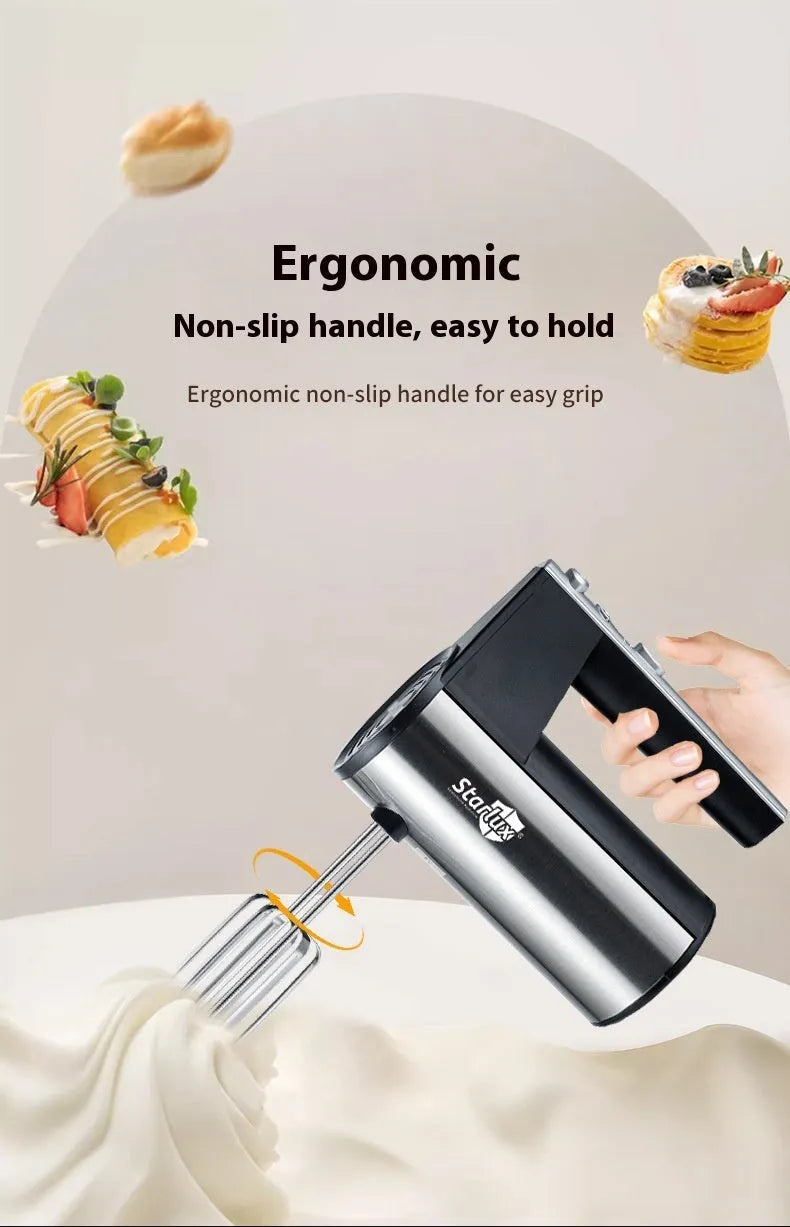 Silver handheld electric whisk or mixer model SL-25209 with five-speed control buttons.