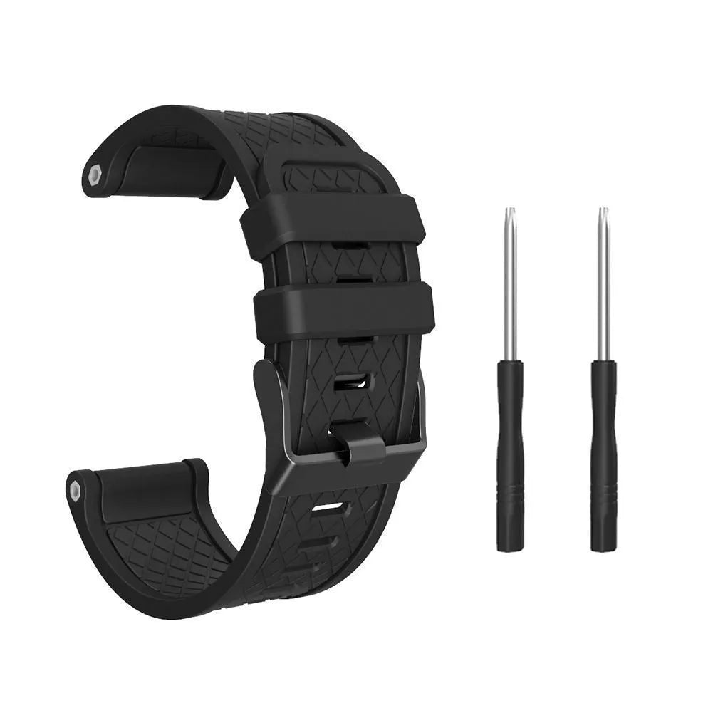Jiaming watch replacement strap with black silicone and stainless steel buckle showing 26mm width