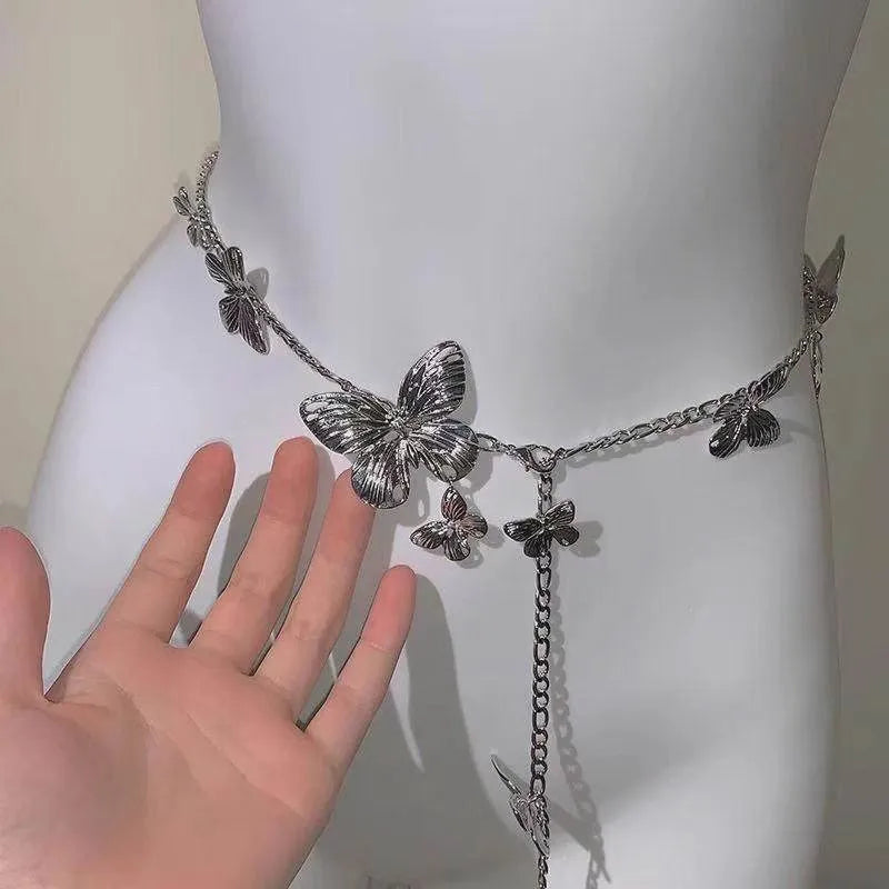 Gold butterfly waist chain with retro design, 104cm length and 40cm width alloy jewellery