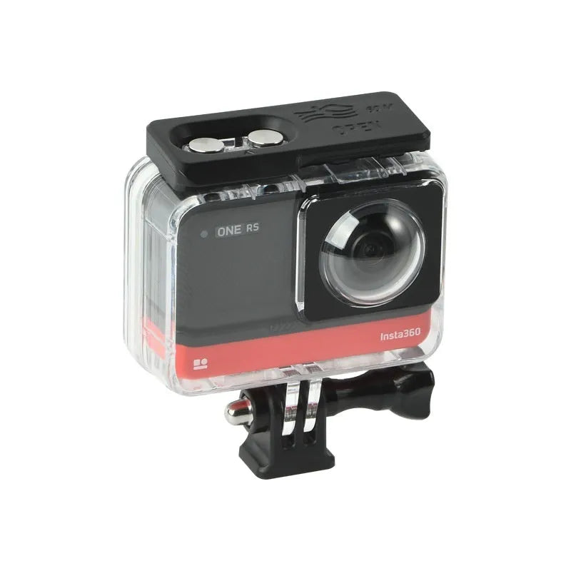Transparent waterproof housing for Insta360 One RS panoramic camera showing internal dimensions